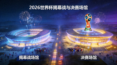 墨西哥城阿兹特克体育场与纽约大都会体育场的夜景，分别作为揭幕战和决赛场馆