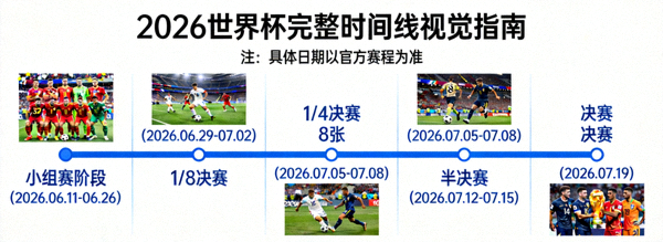 从小组赛到决赛的2026世界杯完整时间线视觉指南，标注重要节点