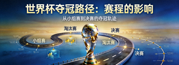 概念图：赛程表像一条蜿蜒道路，通向世界杯奖杯，寓意赛程对夺冠路径的影响