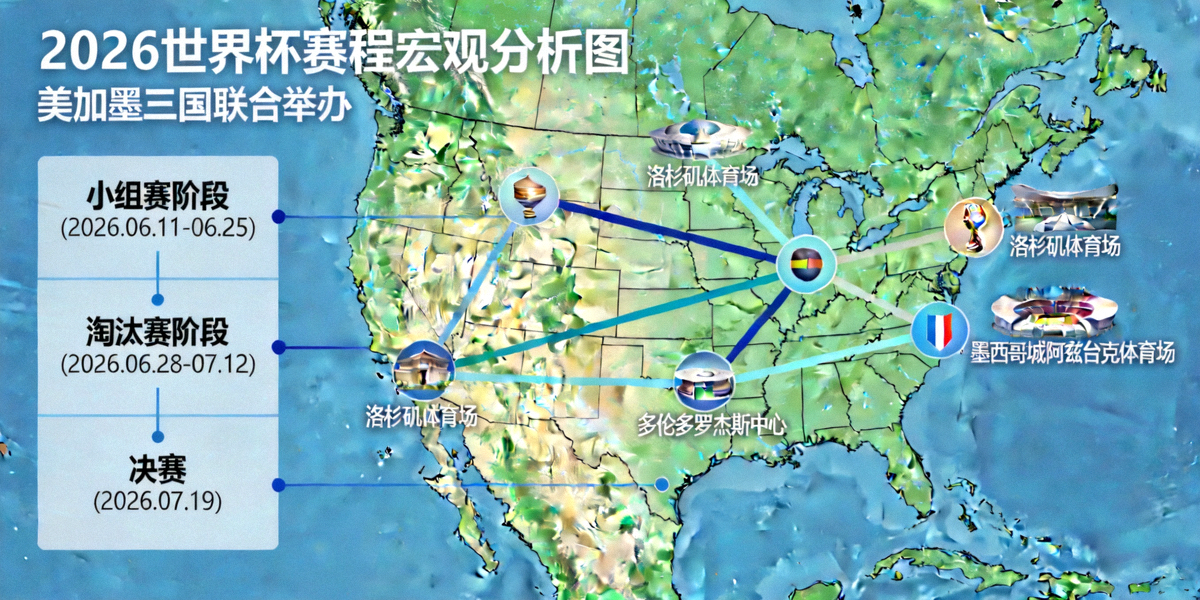 一张覆盖美加墨地图的2026世界杯赛程表宏观分析图，线条连接各场馆，突出深度解析主题