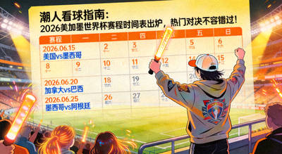 潮人看球指南：2026美加墨世界杯赛程时间表出炉，热门对决不容错过！展示了一位潮流球迷在球场看球的场景，背景是赛程日历