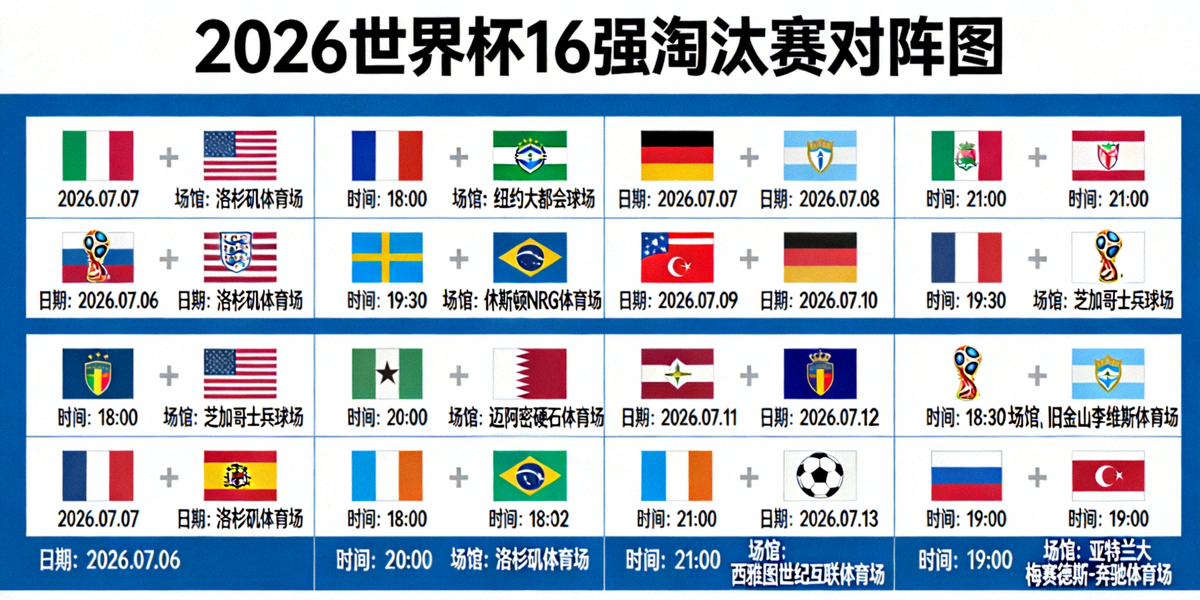 2026世界杯16强淘汰赛对阵图，显示8场比赛的日期、时间与场馆