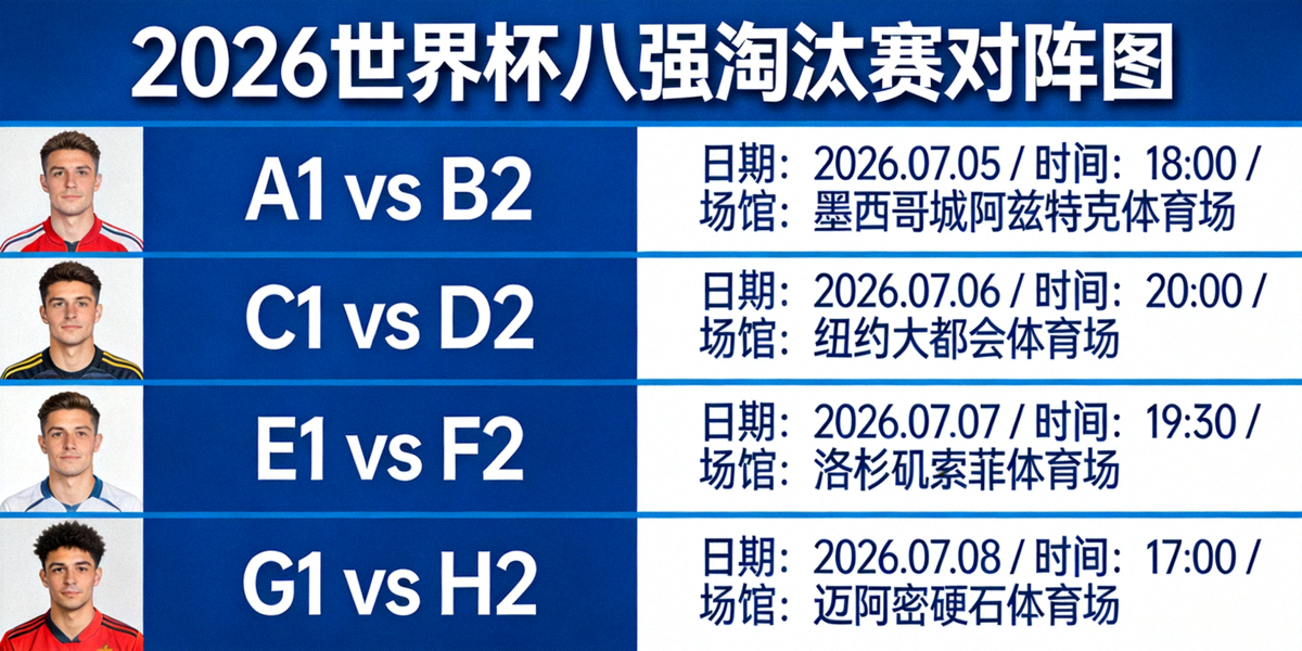 2026世界杯八强淘汰赛对阵图，显示4场比赛的日期、时间与场馆