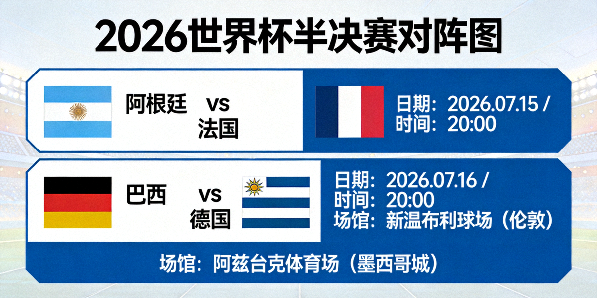 2026世界杯半决赛对阵图，显示两场比赛的日期、时间与场馆