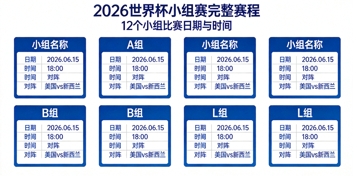 2026世界杯小组赛阶段完整赛程对阵图，显示12个小组的所有比赛日期与时间