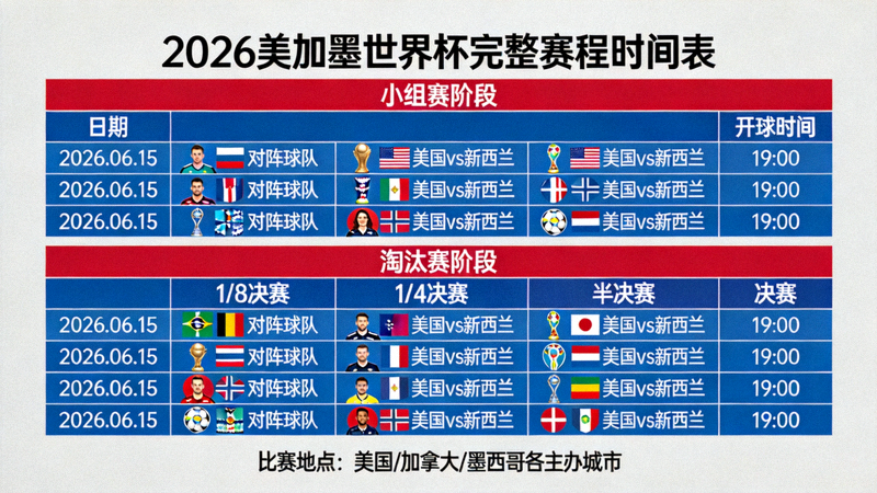 2026美加墨世界杯完整赛程时间表图表，包含所有比赛日期、对阵球队和开球时间